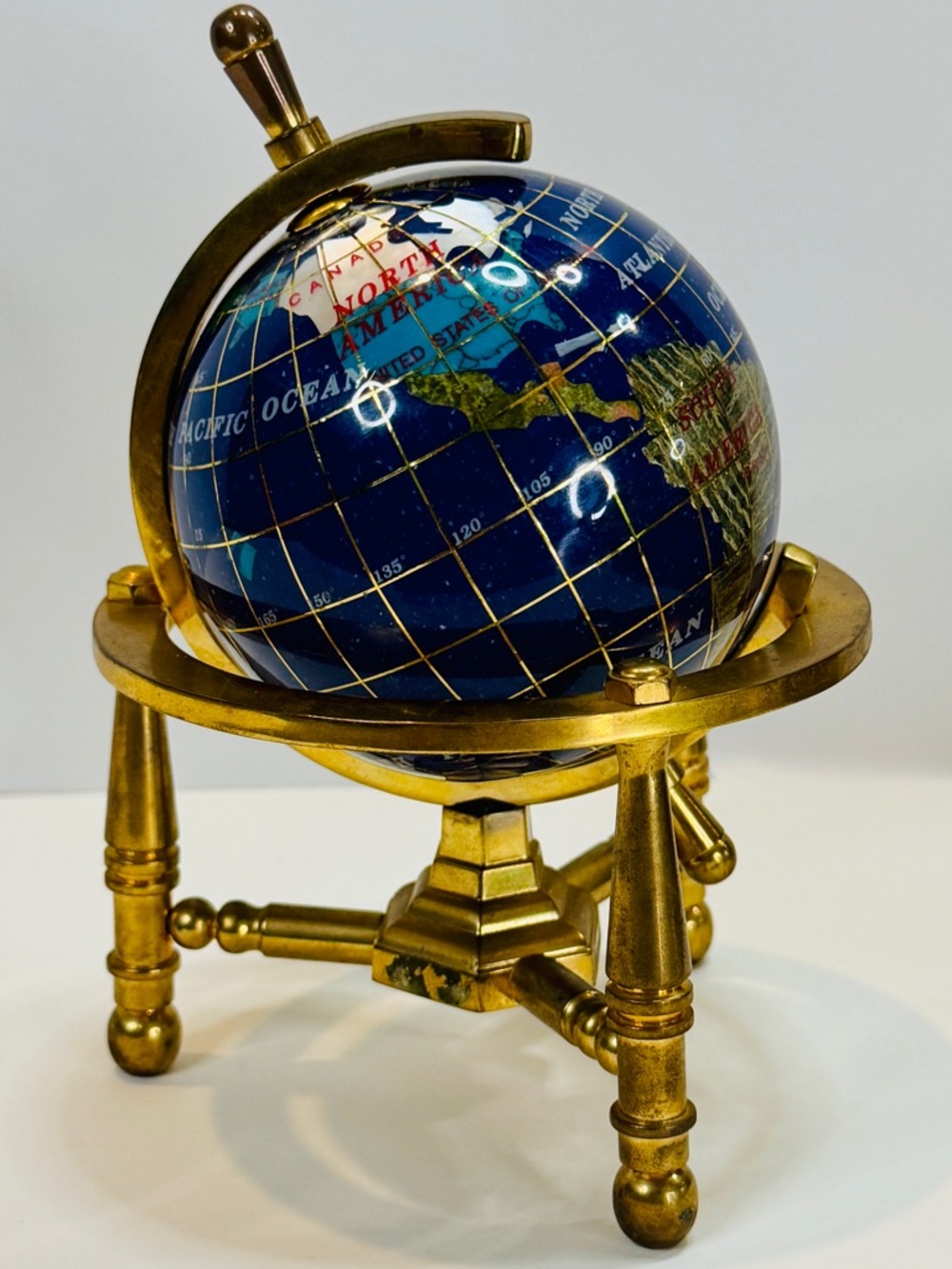 Vintage Lapis Style Gemstone World Globe Brass Stand Desk Decor 6”